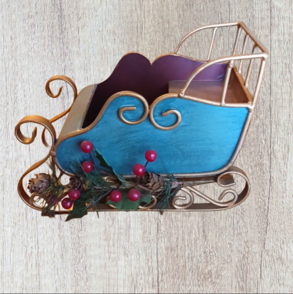 Sleigh Blue with Red Holly Berries 9" Decorate As You Like ~Metal~Christmas